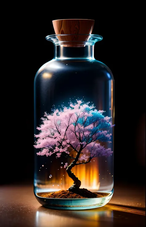 sakura tree in a bottle, fluffy, realistic, atmospheric light refraction, by lee jeffries nikon d850 film stock photograph 4 kodak portra 400 camera f1.6 lens rich colors hyper realistic lifelike texture dramatic lighting unreal engine trending on artstati...