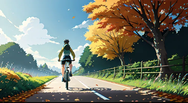 (cycliste seul: 1.5), (Realistic bike: 1.5), (realistic cyclist: 1.5), Plan en gros plan, Le meilleur des meilleurs, automne, Orange leaves, couleurs de lautomne, Feuilles qui tombent, Landscaped background, ombres, contraste, Makoto Shinkai (beste-Qualit:...