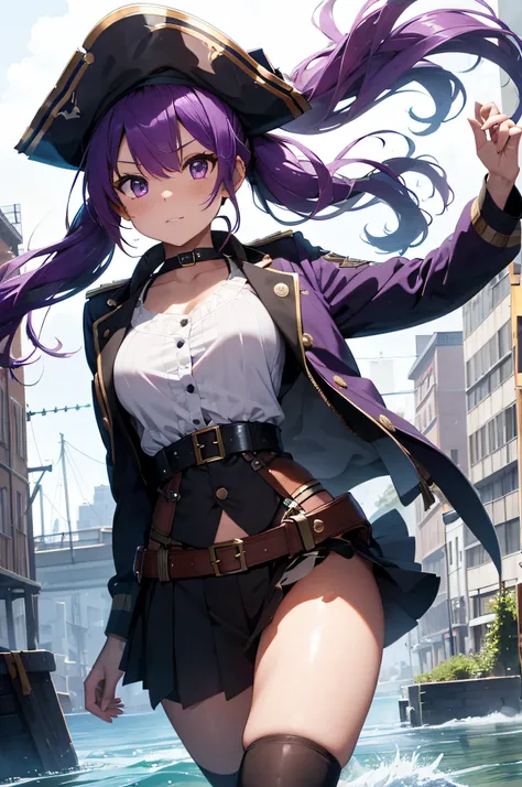 4k,hight resolution,Purple hair,poneyTail,Big,a pirate,Pirate Captain,Pirate clothes,Pirate Hat,Gutter Belt,harbour