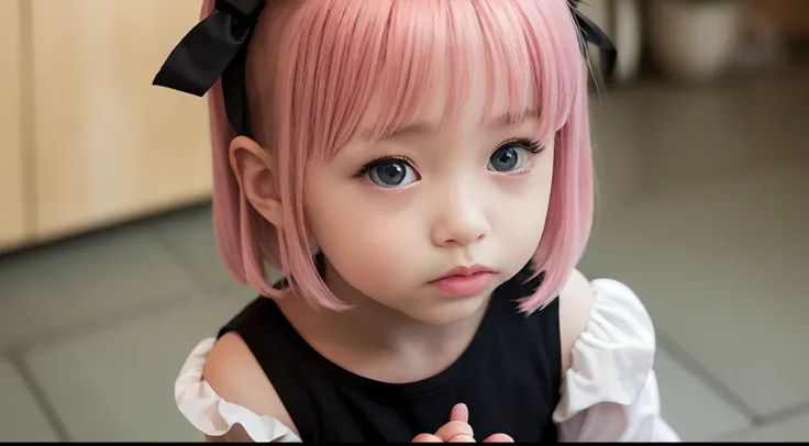 Anya Forger, young girl, short girl, fair skin, green eyes, four years old, shoulder-length hair, short hair, light pink hair, bangs, black dress, long sleeves, red ribbon, Spy x Family, upper body, solo, no background, extremely cute, chubby face