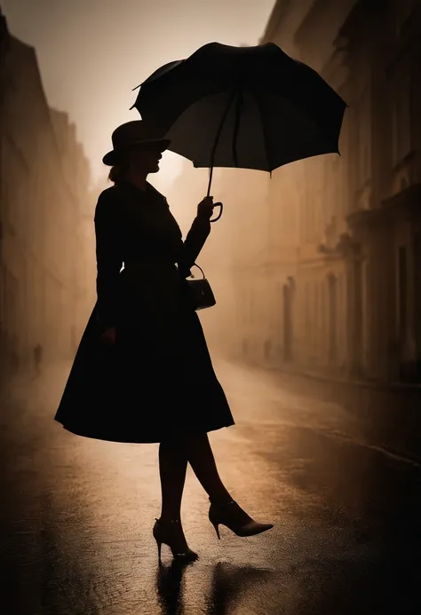 Frau im schwarzen Kleid mit Regenschirm iin der Hand, n einer nebligen Stadt, ein Bild von Kuno Veeber, Gewinner des Pixabay-Wettbewerbs, Konzeptkunst, Im Regen stehen, schwarze Silhouette, mysterious woman, pretty girl, das im Regen steht, Einzelperson mi...