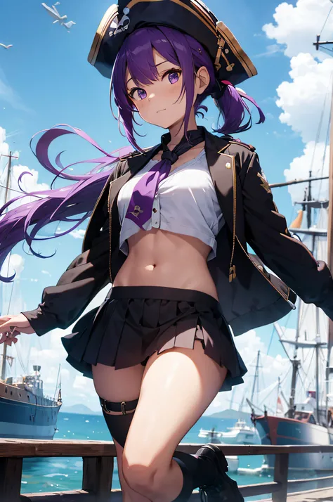 4k,hight resolution,Purple hair,poneyTail,Big,a pirate,Pirate Captain,Pirate clothes,skirt by the,Pirate Hat,Navel Ejection,harbour