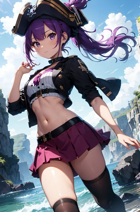 4k,hight resolution,Purple hair,poneyTail,Big,a pirate,Pirate Captain,Pirate clothes,skirt by the,Pirate Hat,Navel Ejection,harbour