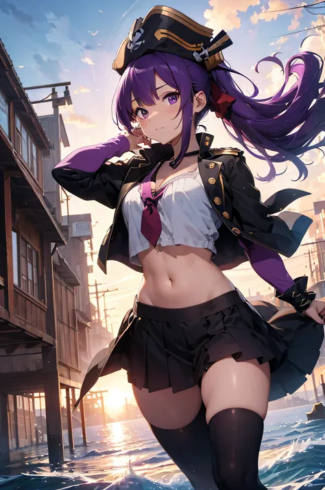 4k,hight resolution,Purple hair,poneyTail,Big,a pirate,Pirate Captain,Pirate Dresses,Pirate Hat,Navel Ejection,harbour