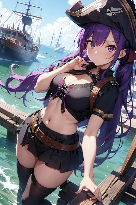 4k,hight resolution,Purple hair,poneyTail,large full breasts,a pirate,Pirate Captain,Pirate Dresses,Pirate Hat,Navel Ejection,harbour