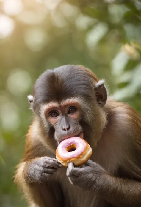 monkey eating a donut, funny face, monkey, realistic monkey, monkey laughing, monkey is laughing,