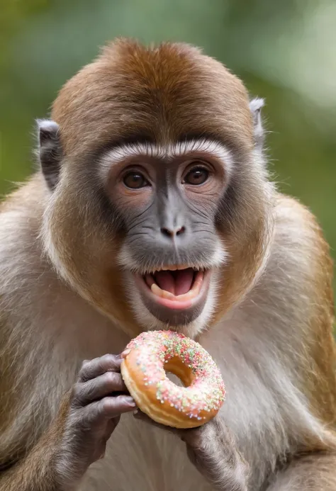 monkey eating a donut, funny face, monkey, realistic monkey, monkey laughing, monkey is laughing,