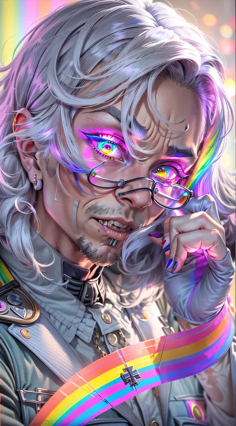 Best Quality, Masterpiece, 8k, RAW, (nazi-uniform), 1 trans man, exaggerated make-up, wearing a wig, ((pride)), rainbow color-theme, angelic light, rainbows everywhere, (gray prisoners in background:1.2), (smug expression:1.4), (staring eyes:1.4), self con...