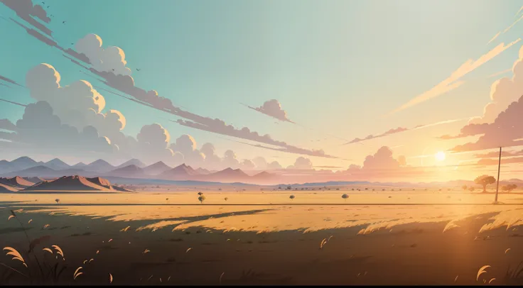 Give me a dry flat grassland field background , morning time , colony, anime style