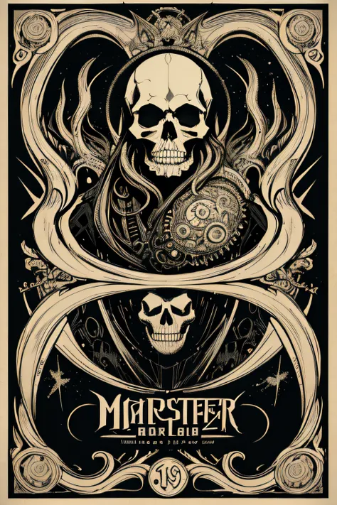 (Masterpiece, Best Quality), 8k Wallpaper, highly detailed, poster, skull with tentacles, cosmic horror, 1900s, horror thriller cinematic movie poster, Bauhaus, shapes, lines, abstract, propaganda, gothic, movie poster, vintage,