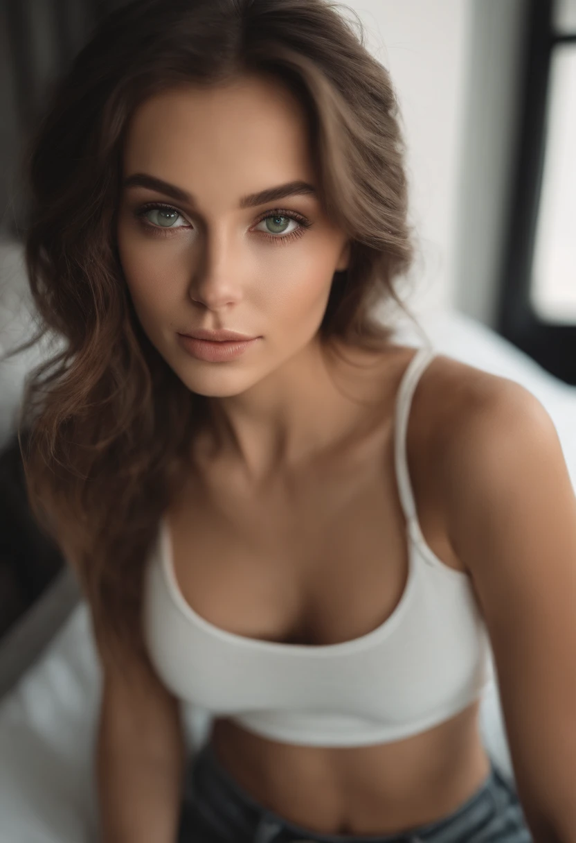 arafed woman with a white tank top and a necklace, sexy girl with green eyes, portrait sophie mudd, brown hair and large eyes, selfie of a young woman, bedroom eyes, violet myers, without makeup, natural makeup, looking directly at the camera, face with ar...