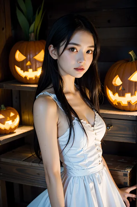 ​masterpiece, top-quality、raw foto, photorealsitic、i am a 15 year old girl、mummy cosplay、halloween、jack-o'-lantern、chandelle、the...