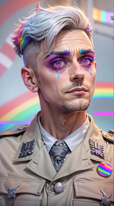 Best Quality, Masterpiece, 8k, RAW, (nazi-uniform), ((1 trans man)), trap, exaggerated make-up, wearing a wig, ((pride)), rainbow color-theme, angelic light, rainbows everywhere, (gray prisoners in background:1.2), (smug expression:1.4), (staring eyes:1.4)...