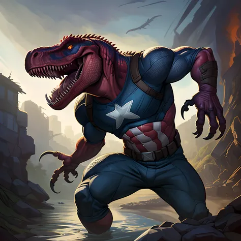 an image of an Captain America is a Tyrannosaurus Rex, Jurassic image, hybrid, perfect composition,Digital painting (ART By Apterus, ART By Dan Mumford:1.1), Professional, masterpiece, best quality, Jurassic park reference