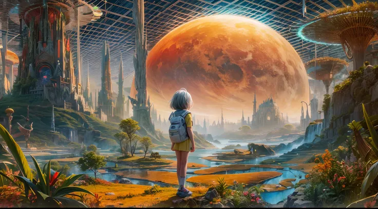 "A young girl with a sense of wonder explores an alien planet with vibrant chrome vegetation. The surreal landscape and flora create a stunning juxtaposition in a space-age paradise.