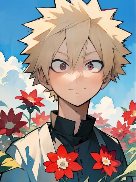 Blonde Katsumi Bakugo with red eyes、　Face staring diagonally into the distance、flower  field、blue-sky、(watercolor paiting:1.2)