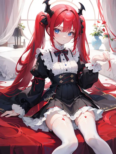 red hair,blue eyes,twintails, long hair, long sleeves, gothic, solo, loli,Short skirt, white stockings,{{best quality}}, {{masterpiece}}, {{ultra-detailed}}, {illustration}, {detailed light}, {an extremely delicate and beautiful},little girl,cute,dragon ho...