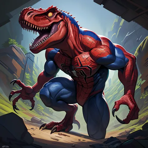 an image of an Spiderman America is a Tyrannosaurus Rex, Jurassic image, hybrid, perfect composition,Digital painting (ART By Apterus, ART By Dan Mumford:1.1), Professional, masterpiece, best quality, Jurassic park reference