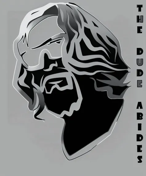 The dude, black and white vector art, thick vector line art, vertical text "the dude abides", side profile artwork, drawn in the style of mark arian, Candido Bido