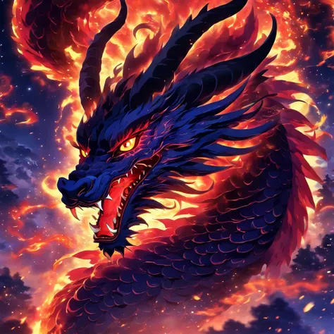 (best quality, highres), blackfire chinese dragon, detailed scales, fiery breath, piercing red eyes, fierce expression, intricate horns, winding tail, soaring through the night sky, mystical aura ,