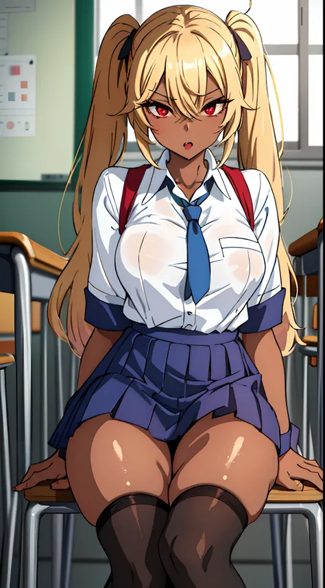 (masterpiece:1.2, best quality), 1lady, solo, school uniform, classroom, day, sit, blonde, twintails, red eyes, open collabone, darkskin, (open breasts:1.1),