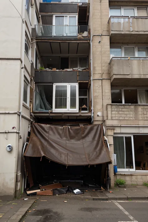 A leather sofa falls from a broken window of a multi-storey building into the street