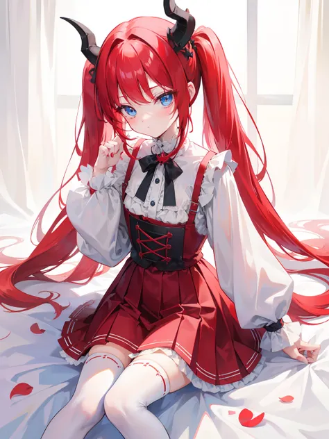 red hair,blue eyes,twintails, long hair, long sleeves, gothic, solo, loli,Short skirt, white stockings,{{best quality}}, {{masterpiece}}, {{ultra-detailed}}, {illustration}, {detailed light}, {an extremely delicate and beautiful},little girl,cute,dragon ho...