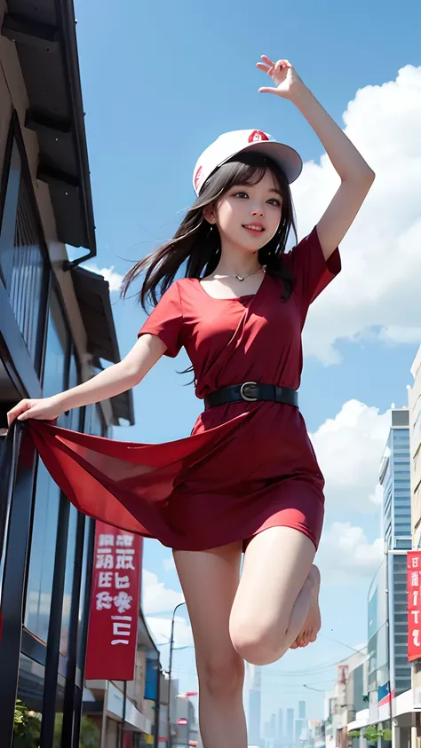 Trapeze girl。She wears a red dress and a white hat.、She has short black hair.。Although she bravely turned over,,,、The smile is very cute。There were no socks or shoes on her feet、Barefoot on trapeze。She looked free and happy.、The envy of viewers。Blue sky an...