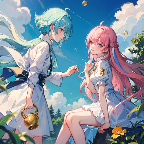 Heaven twin children blue sky and sun clouds in the forest bell golden bell pink hair and light blue hair soap bubble crystal