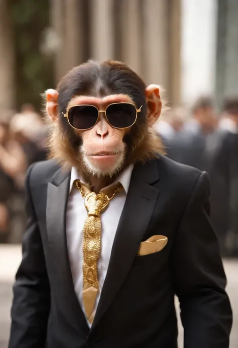 brown haired monkey with black sunglasses, black suit and tie, golden chain, golden necklace, bracelet, boss monkey, rich monkey, hollywood monkey, celebrity monkey