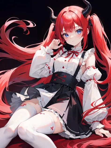 red hair,blue eyes,twintails, long hair, long sleeves, gothic, solo, loli,Short skirt, white stockings,{{best quality}}, {{masterpiece}}, {{ultra-detailed}}, {illustration}, {detailed light}, {an extremely delicate and beautiful},little girl,cute,dragon ho...