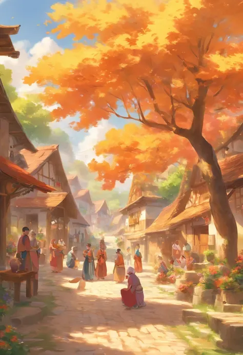 (best quality,4k,8k,highres,masterpiece:1.2),ultra-detailed,(realistic,photorealistic,photo-realistic:1.37),sunny afternoon,villagers,gathered in the village square,engaging in lively conversations. The atmosphere is relaxed and joyful, with everyone weari...