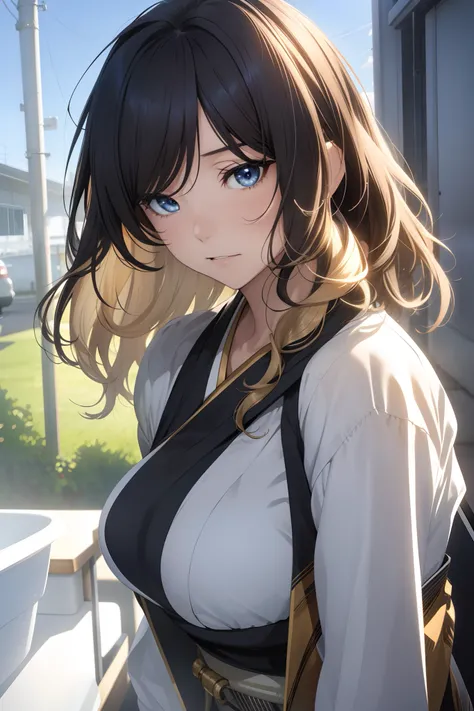 Blown by the long wind [blue-black:.3] hair,Looking at Viewer, (masutepiece:1.3), (8K, Photorealistic, Raw photo, Best Quality: 1.4), Japanese, (1girl in), Beautiful face, (Realistic face),{Wavy medium hair|Bob with long bangs|short hair with long bangs}{B...