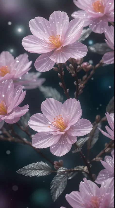 Crystal Sakura Blossom, fantasy, galaxy, transparent, glisten, elf, idyllic, colorfully, Magical Photography, dramatic light, photo realism, ultra-detail, 8k, Depth of Field, high-res