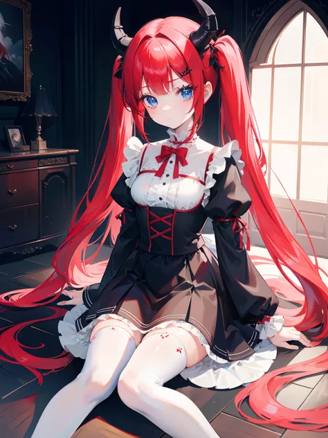 red hair,blue eyes,twintails, long hair, long sleeves, gothic, solo, loli,Short skirt, white stockings,{{best quality}}, {{masterpiece}}, {{ultra-detailed}}, {illustration}, {detailed light}, {an extremely delicate and beautiful},little girl,cute,dragon ho...