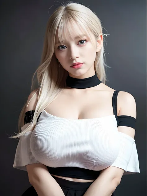 best quality, ultra high res, (photorealistic:1.4), 1girl, off-shoulder white shirt, black tight skirt, black choker, (faded ash gray hair:1), (huge breasts:1.2), looking at viewer, closeup ,