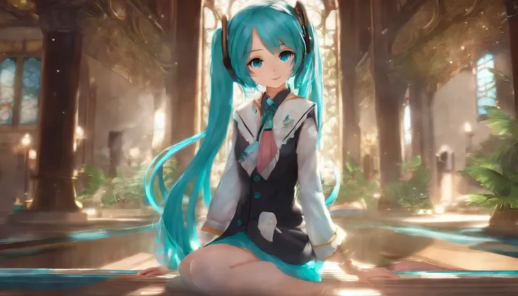 chica anime con cabello largo y ojos azules sentada en el suelo, Mikudayao, Hatsune Miku, Retrato de Hatsune Miku, Retrato de Hatsune Miku, amigo, Hatsune Miku Pelo corto, Cara de Hatsune Miku, Pelo rosa de cola doble y ojos cian, vocaloid, colas gemelas, ...