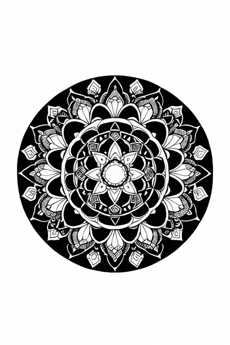 coloring book、a Mandala、florals、black-and-white、illustratio、White background、Plain background、Pattern only