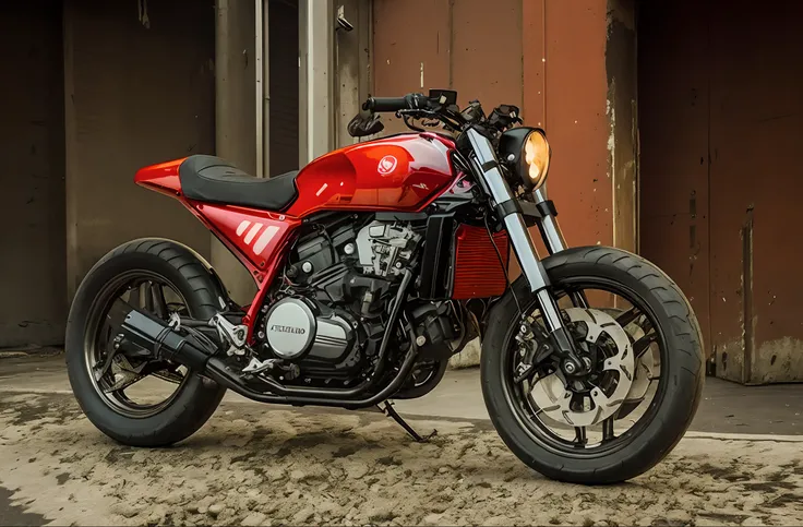 Theres a red motorcycle parked in front of a building, Akira Moto, cafe racer, Akira Moto, Motocicleta de Akira, inspirado em Hiroshi Honda, inspirado em Tsuchida Bakusen, hiper realista", hiper realista ", header text", Scrambler, 2 0 1 4, 2014, motocicle...