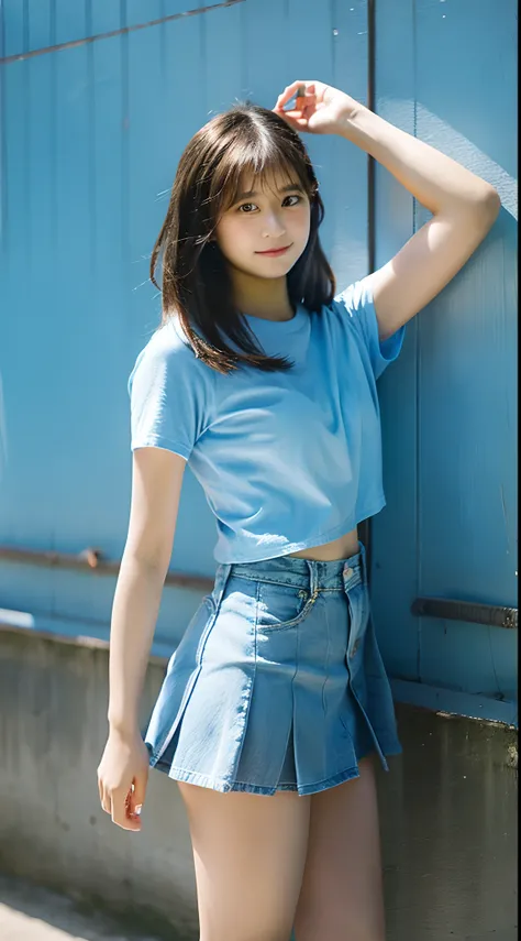 18-year-old high school girl in a light blue miniskirt