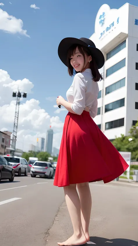 Trapeze girl。She wears a red dress and a white hat.、She has short black hair.。Although she bravely turned over,,,,,,,,,、The smile is very cute。There were no socks or shoes on her feet、Barefoot on trapeze。She looked free and happy.、The envy of viewers。Blue ...