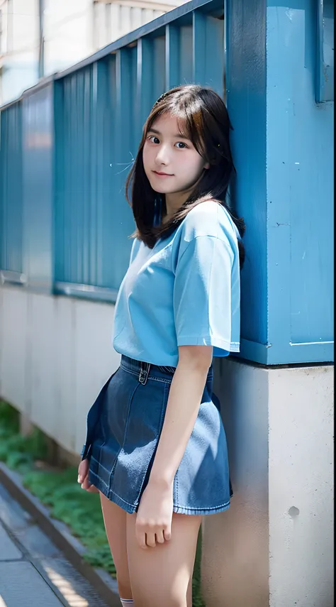 18-year-old high school girl in a light blue miniskirt