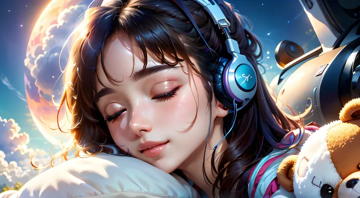 colorful、on clouds、kosmos、Big Moon、realistic、The girl is sleeping、She wears delicate headphones that blend into her hair, Only one stuffed animal、超A high resolution