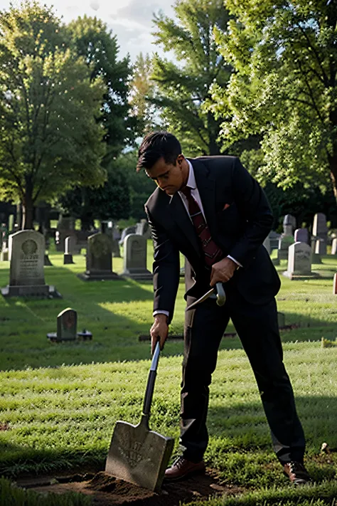 A man digs a grave with a hoe in the cemetery