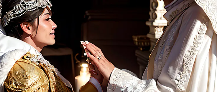 Bride and groom during the wedding ceremony, Hands in the frame close-up, holding each others hands, Bride wears rings with diamonds on her fingers, The groom has a black and gold ring on his finger, white robes