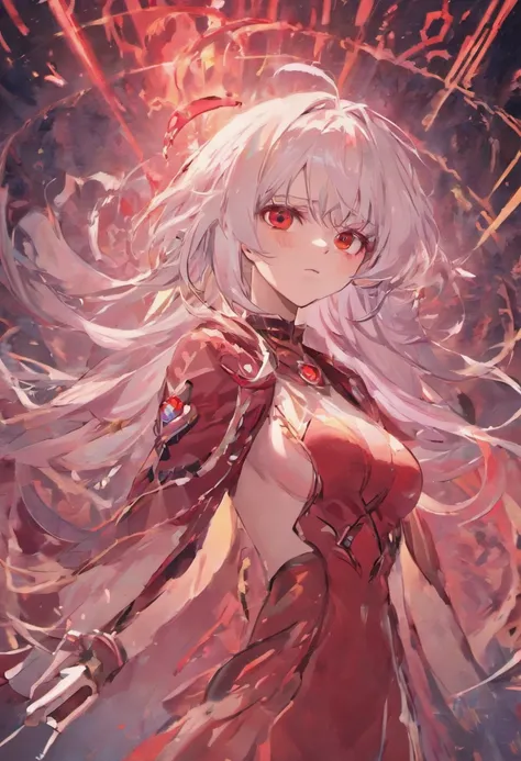 anime big breast，quadratic element，White hair and red eyes，teens girl