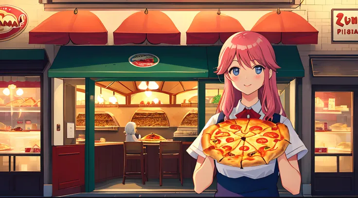 PizzaMania Restaurant. In the main photo, the girl is in her hands, she has a beautiful pizza pipperonni