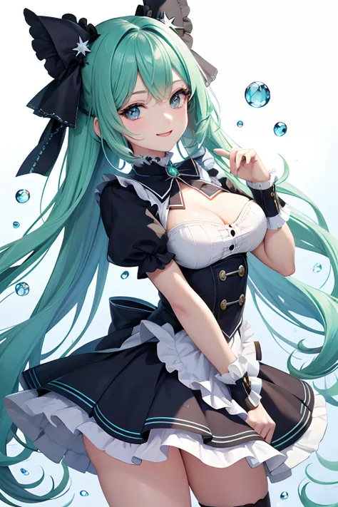 Upper body illustration ultra high resolution, Best aesthetic, Top quality depiction of the foot, Gothic lolita、Blue eyes、Green hair、Green and blue hair on the back, Flat Avatar, Blue eyes、sparkly eyes、Anime visuals of cute girls, Cute art style, Chibi, Sh...