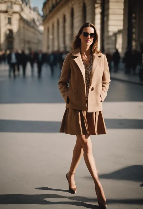 Full body shot of 30 years old beautiful polish woman, (1girl), one person, brown medium hair, unbuttoned jacket, medium breast, cleveage, short skirt, high heels, dynamic scene, walking in Paris, shopping, sunny day, proffesssional photo, cinematic lighti...