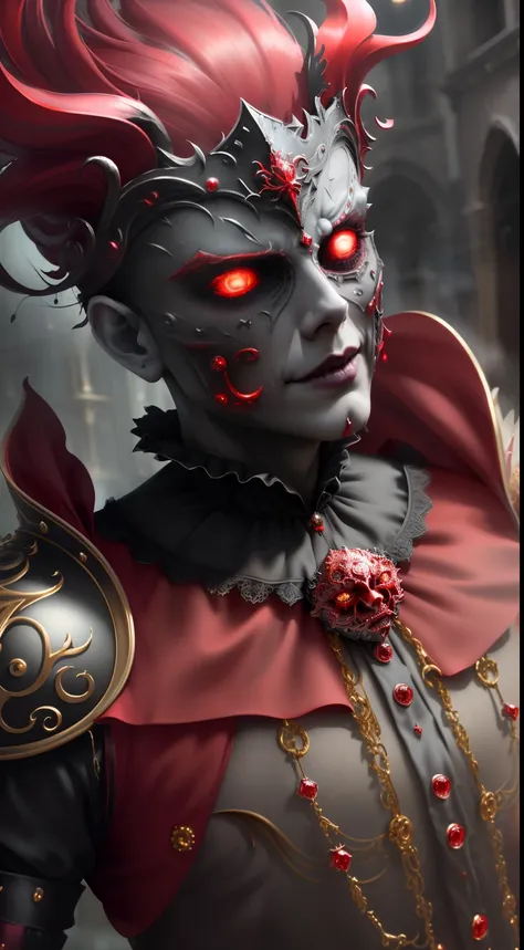 (emotion intuition tension darkness self-expression:1.3), (surreal, dystopian, horror:1.5), necromancer dressed in red and gold with a Venetian carnival Mask, (foggy background, epic realistic, hdr, intricate details, hyperdetailed, cinematic, rim light), ...